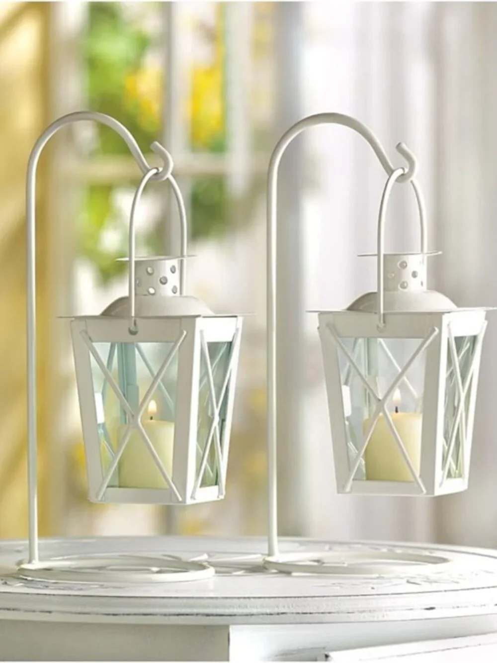 Quaint White Railroad Mini Candle Lantern Tabletop Centerpieces/Decor Set of 2